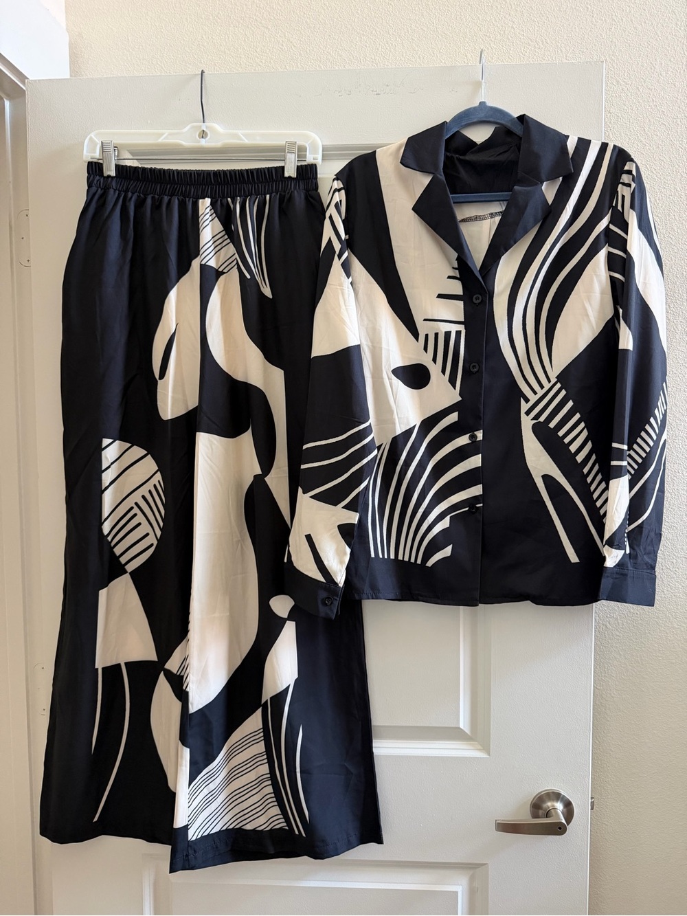 Black & White Abstract Print Women's Pants and Button-Up Set